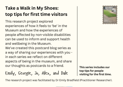 Postcard from the ‘top tips for first time visitors’ blog series. Done in cream with a stamp on the upper right hand side.